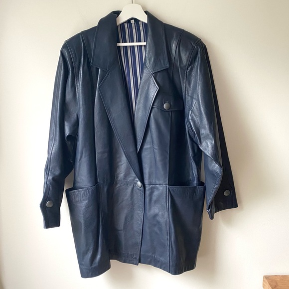 Leather navy blue blazer jacket - Picture 6 of 16